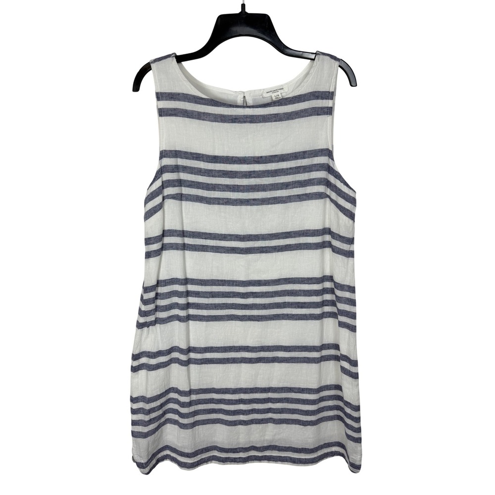 Beachlunchlounge Striped Linen Blend Dress Womens Large White Blue Sleeveless